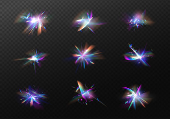 Aufkleber - Set Rainbow crystal light leak flare reflection effect. Light effect of rainbow retro film for use over photos as an overlay or screen filter. Transparent refraction elements.	