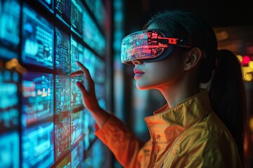 Aufkleber - Young woman explores virtual reality technology in a vibrant digital environment at night