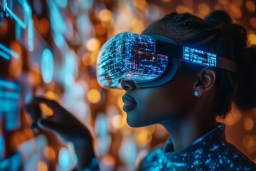 Poster - Woman explores virtual reality in a futuristic environment with glowing lights and digital displays