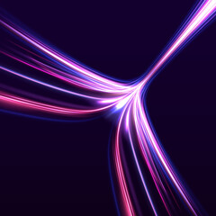 Fototapete - Vector dark blue abstract background with ultraviolet neon glow, blurry light lines, waves. Dynamic composition of bright lines forming lights path of speed movement, futuristic dark background.	