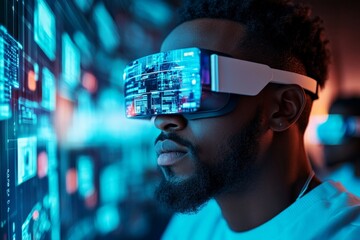 Poster - Intense focus on futuristic technology through virtual reality headset in a high-tech environment