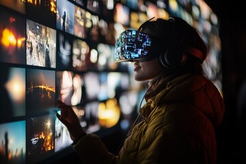 Poster - Person wearing virtual reality headset interacting with digital screen displaying various images at an exhibition event