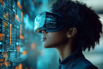 Poster - Woman experiences immersive virtual reality inside a modern, high-tech environment with digital displays