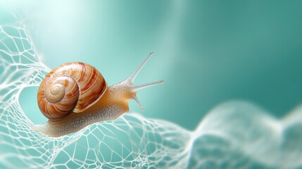 Close-up of a snail crawling on a delicate, translucent web against a soft teal background.