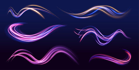 Fototapete - Neon swirls in a big set. Vector glitter light fire flare trace. Futuristic neon light effect. Speed of light concept background.	
