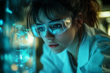 Leinwandbilder - Young scientist working on advanced technology in a futuristic laboratory setting during evening hours