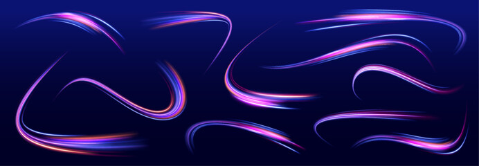Poster - Rotating dynamic neon circle. Colored shiny sparks of spiral wave. Expressway, the effect of car headlights. Night motorway with light effects in neon colors purple.	
