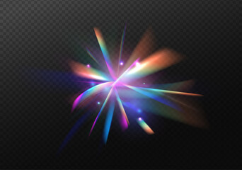 Fototapete - Abstract refraction glow effect on black background. Set Rainbow crystal light leak flare reflection effect. Transparent refraction elements.	
