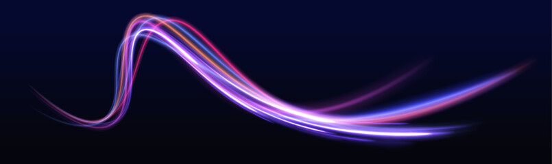 Fototapete - Luminous bright background. High speed effect motion blur night lights blue and red. Magic shining neon light line trails. Purple glowing wave swirl, impulse cable lines. Long time exposure. Vector	
