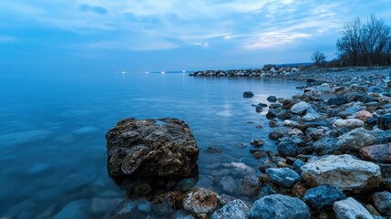 Wall Mural - As twilight falls, the calm waters mirror the soft colors of the sky above. Smooth rocks line the shoreline, while distant lights twinkle on the horizon