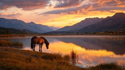 Wall Mural - A horse stands peacefully by the water's edge, grazing as the sun sets behind distant mountains. The vibrant sky reflects on the calm lake, creating a picturesque evening