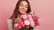 © 锴 张 - Close-up of a happy Caucasian woman holding a beautiful bouquet of flowers, expressing love and joy. Isolated on a warm brown background with soft lighting, capturing emotions of happiness and romance