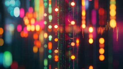 Wall Mural - A digital display of stock market charts with colorful lights and patterns, representing financial data and trading activities in the business world.
