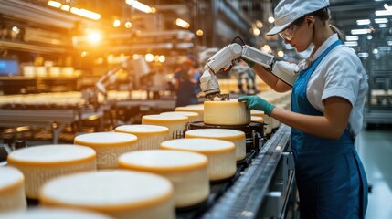 Leinwandbilder - Automated Cheese Production Process in Modern Dairy Factory with Robotic Arms Handling Cheese Wheels in Well-Organized Assembly Line