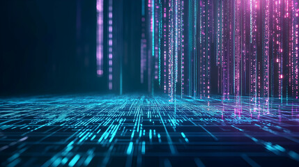 Abstract Digital Data Stream of Light and Lines with Blue and Pink Tones on Black Background