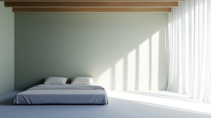 Poster - tranquil minimal room with low bed, soft curtains, and natural light