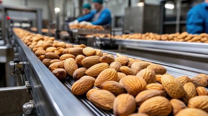 Leinwandbilder - Almonds on Production Line in Modern Factory Setting with Workers Processing Natural Nuts for Packaging and Distribution in Industrial Environment