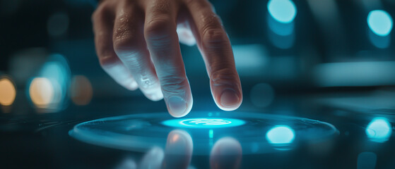 Poster - hand interacts with glowing digital interface, showcasing futuristic technology