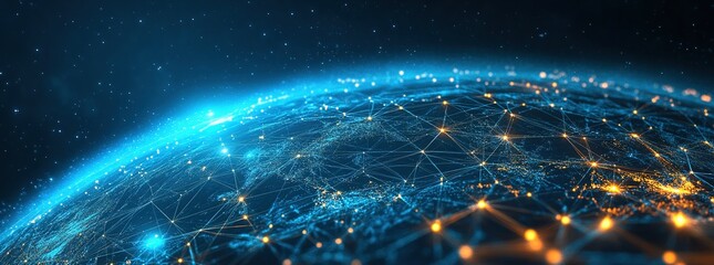 Earth Network Connectivity on Blue Background Image, for themes and concepts of global information exchange, data transmission, big data processing, etc.