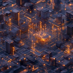 Wall Mural - a cityscape with a glowing computer chip in the middle