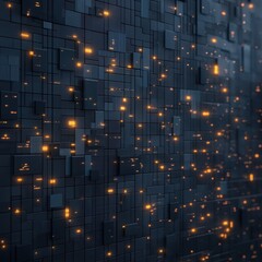 Wall Mural - A wall of black squares with bright orange lights shining on them