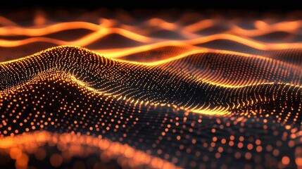 Wall Mural - 3d rendering of glowing orange neon light waves on a black background with a hexagonal grid texture 