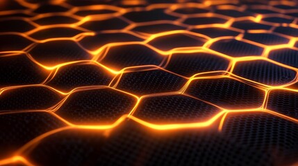 Wall Mural - 3d rendering of glowing orange neon light waves on a black background with a hexagonal grid texture 