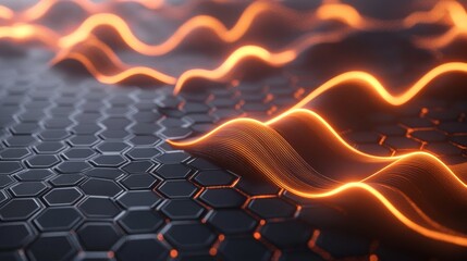Wall Mural - 3d rendering of glowing orange neon light waves on a black background with a hexagonal grid texture 