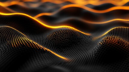 Wall Mural - 3d rendering of glowing orange neon light waves on a black background with a hexagonal grid texture 