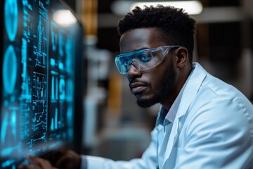 Leinwandbilder - Scientist analyzing data on large display in modern laboratory during evening hours