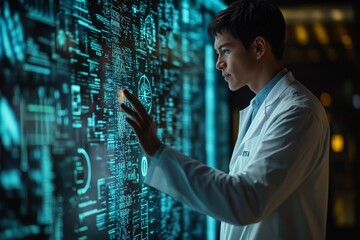 Leinwandbilder - Young scientist analyzes digital data on a high-tech screen in a modern lab environment at night