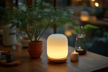 Poster - Warm glow from a modern lamp enhances tranquility in a cozy indoor space with plant life