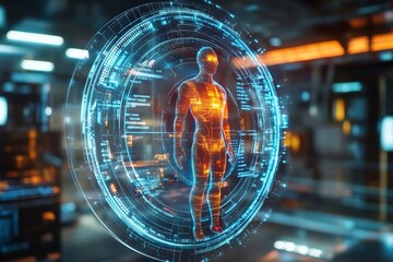 Poster - Human figure illuminated by digital data projections in a futuristic environment showcasing advanced technology and virtual interfaces