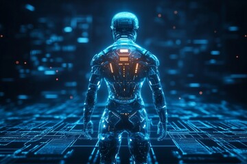 Aufkleber - Futuristic humanoid figure stands in a digital landscape with glowing circuitry and data streams
