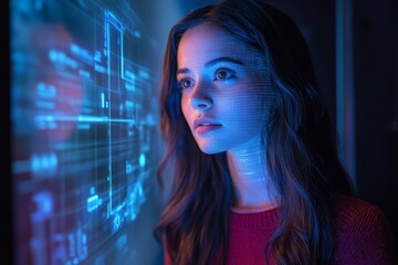 Poster - Young woman engaged with holographic technology in a dark room showcasing innovative digital interfaces