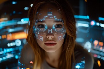Aufkleber - Close-up of a woman with futuristic holographic display projections on her face in a dark, high-tech environment
