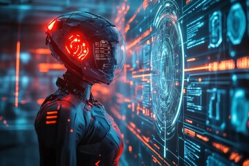 Fototapete - Futuristic robot interacting with a digital interface in a high-tech environment during the night