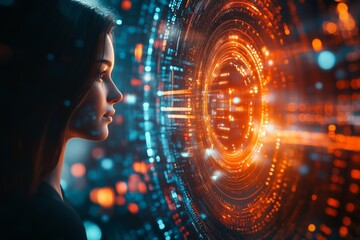 Poster - Woman gazing thoughtfully at a futuristic interface displaying glowing patterns and lights in a high-tech environment