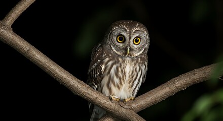 a baby owl with big round eyes perched on a tree branch at night