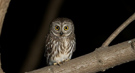 a baby owl with big round eyes perched on a tree branch at night