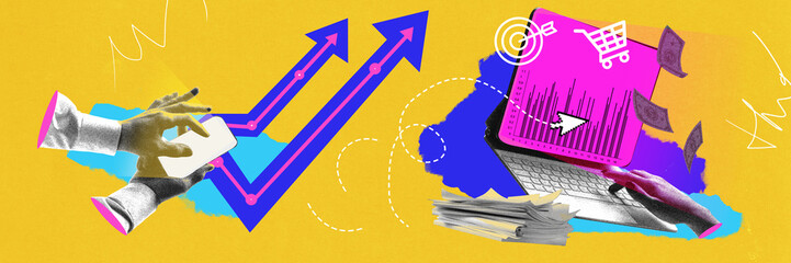 E-commerce growth. Hands interact with rising arrows, shopping cart, and laptop screen showcasing sales data, illustrating success. Concept of digital marketing, transaction, sales. Grainy effect