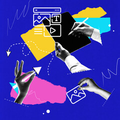 Website design. Hands assemble website layout, content icons, and image, illustrating user interface creation. Concept of digital marketing, web content creation, UI UX design, . Photocopy effect