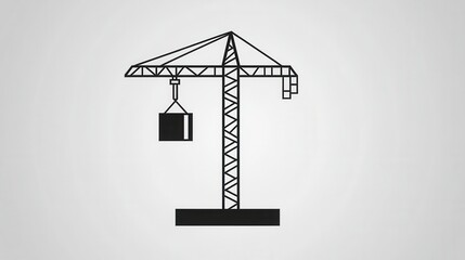Fototapete - Minimalist construction logo featuring a silhouette of a tower crane lifting a block in simple line art on a monochrome background