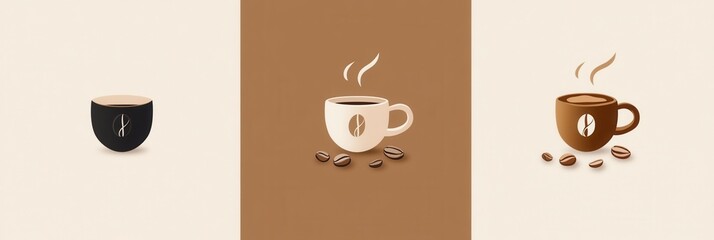 Poster - Minimalist coffee cup logo featuring elegant steam lines and scattered coffee beans in warm tones