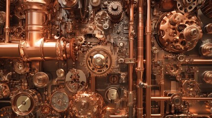 Detailed 3D rendering showcasing a complex array of copper gears, pipes, and mechanical components. The intricate design highlights industrial and steampunk aesthetics, ideal for technology and