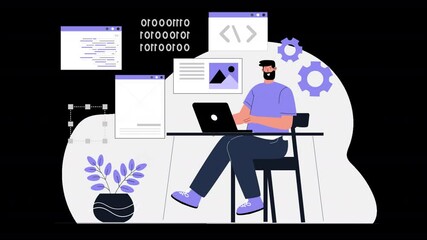 A minimalistic flat design animation highlighting software development and programming activities.