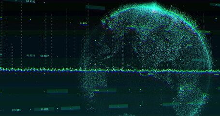Wall Mural - Image of financial data processing with globe on black background