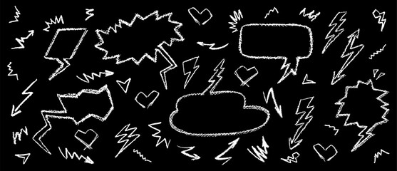 Wall Mural - crayon drawing speech buble set with graffiti style hearts and arrows. collection of hand drawn chal