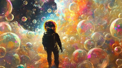 a lone astronaut stands amidst a vibrant cosmic scene filled with colorful bubbles and swirling nebu