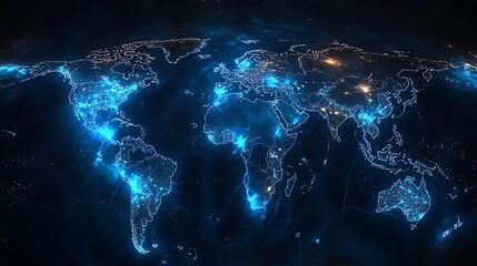Glowing World Map Highlighting Global Connectivity, A glowing world map highlighting major cities with bright lights